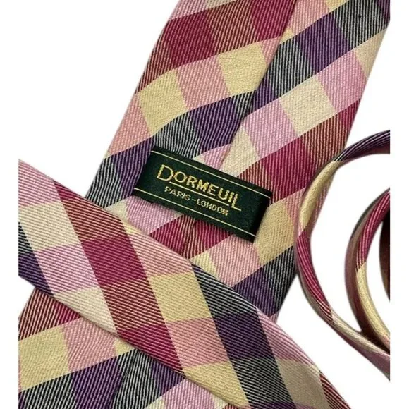 DORMEUIL Men's 100% Silk Necktie LUXURY Tie Purple Yellow Tartan W:3.8 EUC